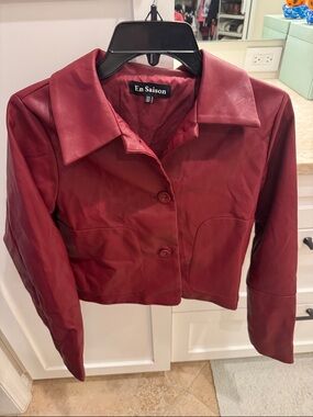 En Saison Wine-Red Leather Button Front Jacket